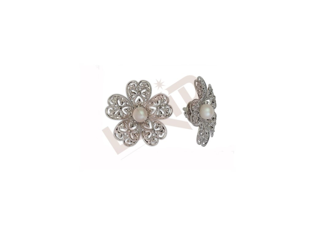Brooch Flower with glass pearl - rhodium