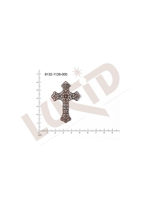 Filigrán, tvarový výlisek, kříž, 50x36mm, prořezávaný, tvarovaný